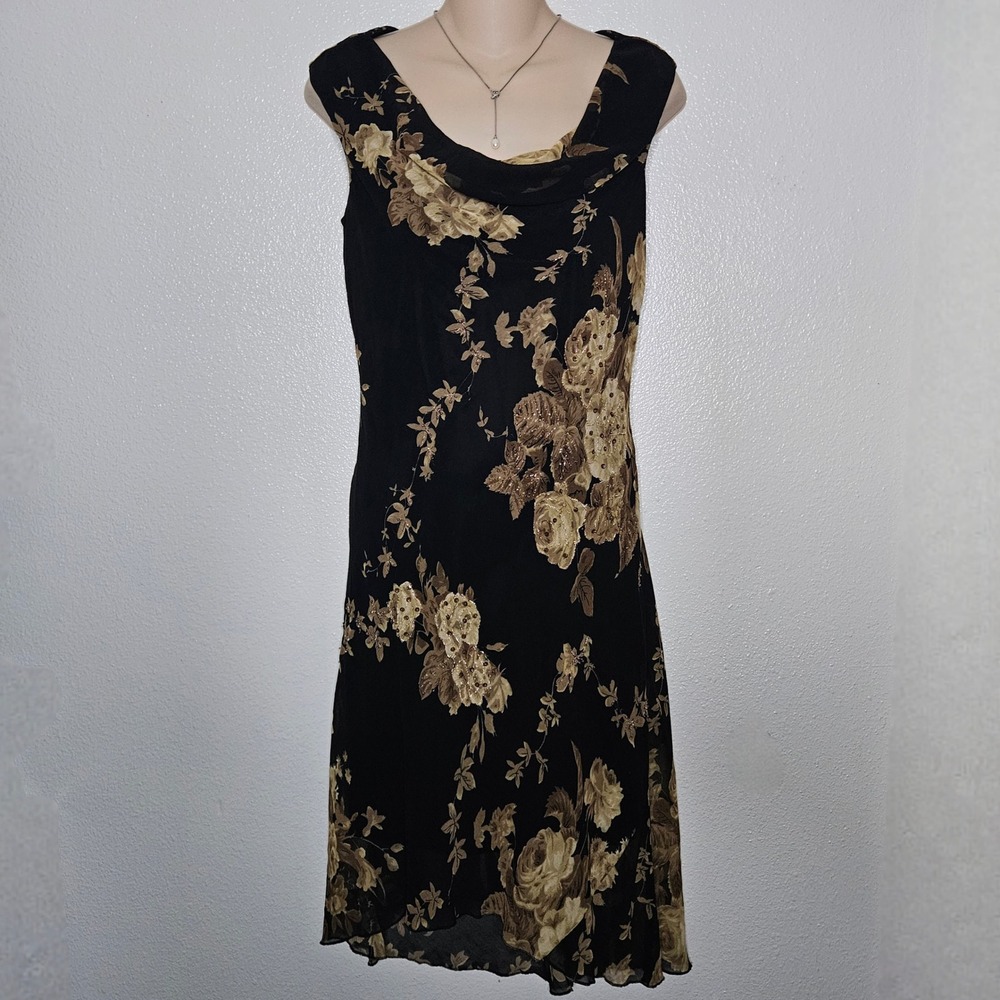 Connected Apparel Black Tan Floral Sequin Cowl Neck Midi Dress - Picture 1 of 6